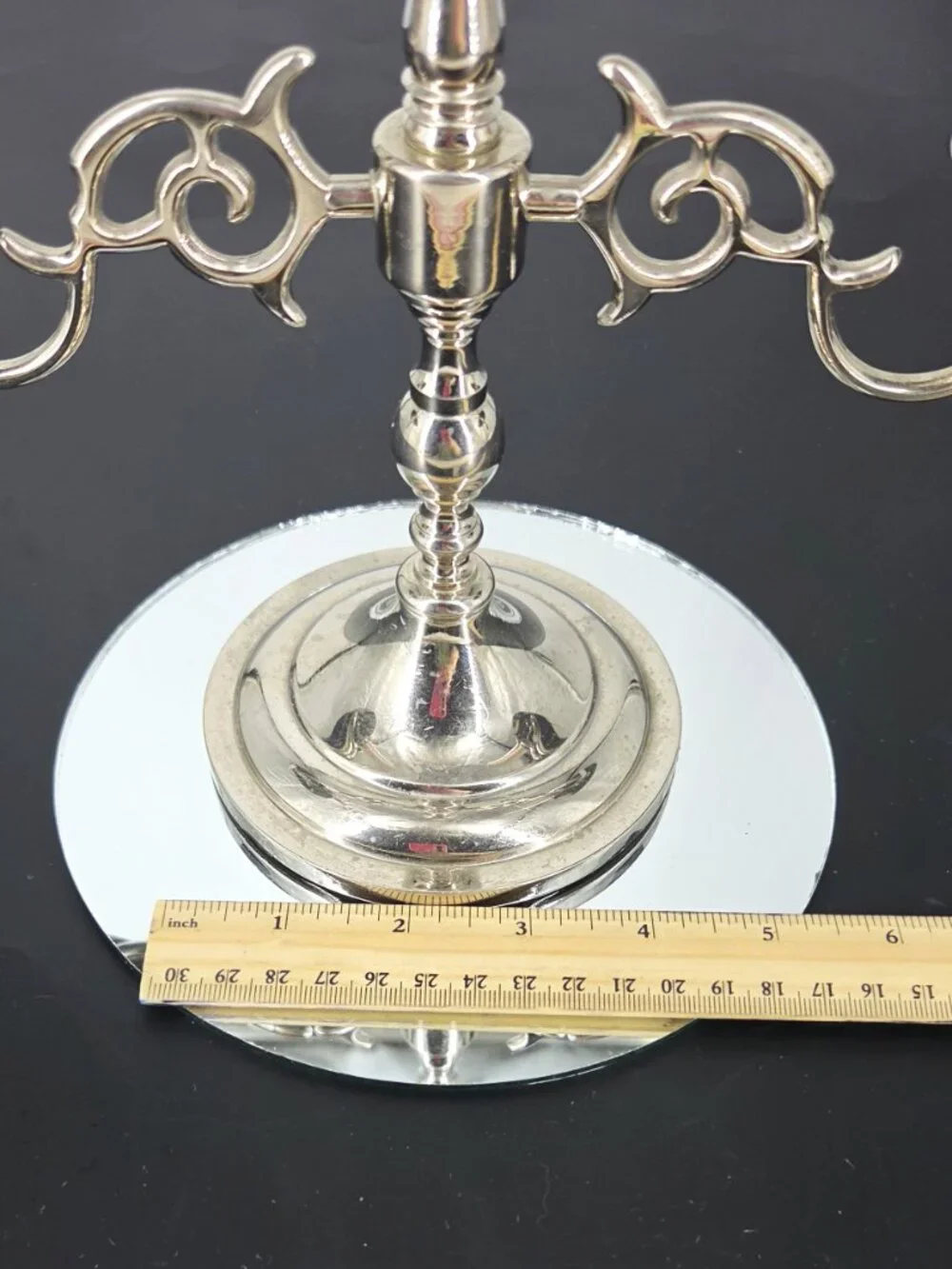 Vintage Silver Metal Ornate Scrollwork 3 Arm Candelabra Taper Candles Weighted
